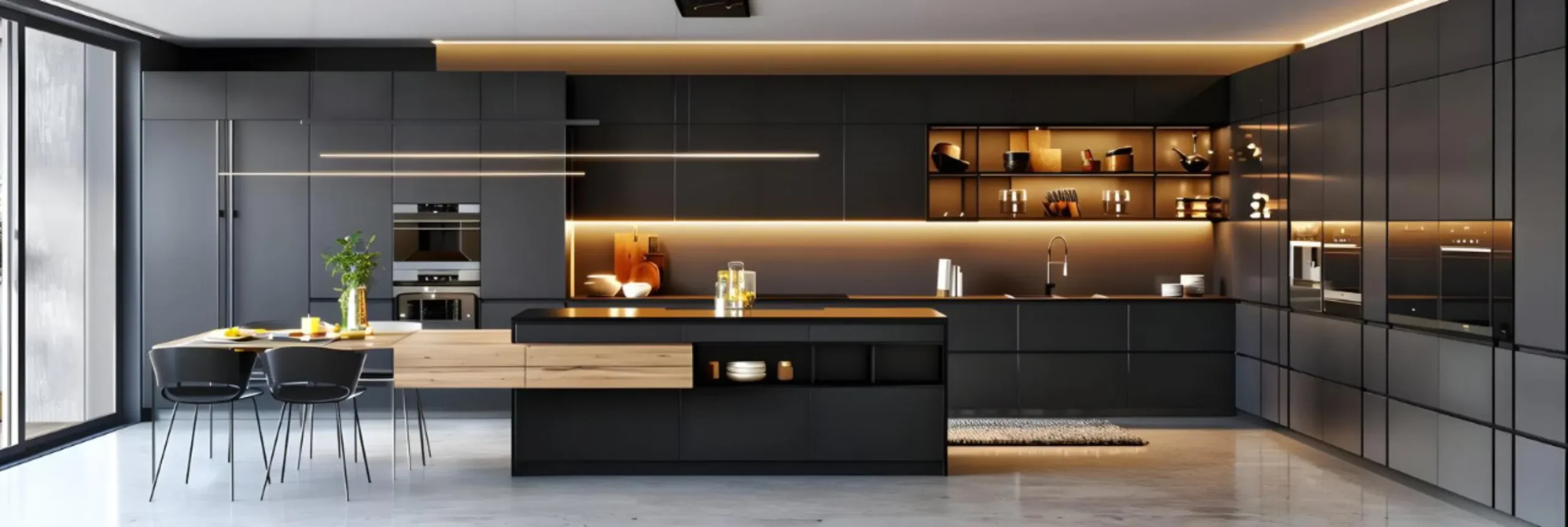 Modern modular kitchen design with cabinets, storage, and stylish layout